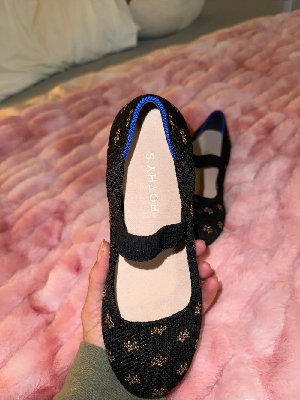 Rothy's Black Knit Mary Jane Flats with Gold Floral Dots and Blue Trim